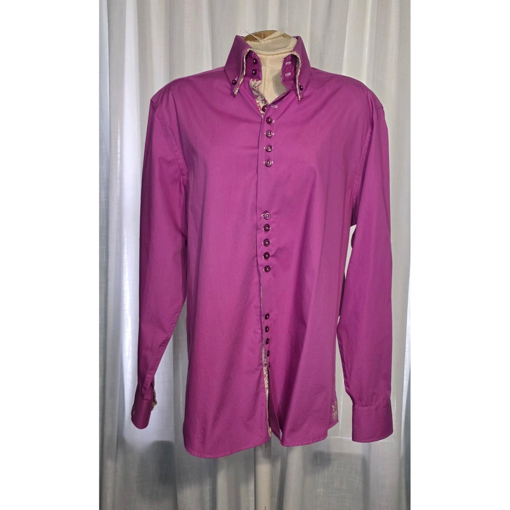 Coogi Luxe Mens Sz L 16/16.5 Purple Floral Flip Cuff L/S Button Down Shirt